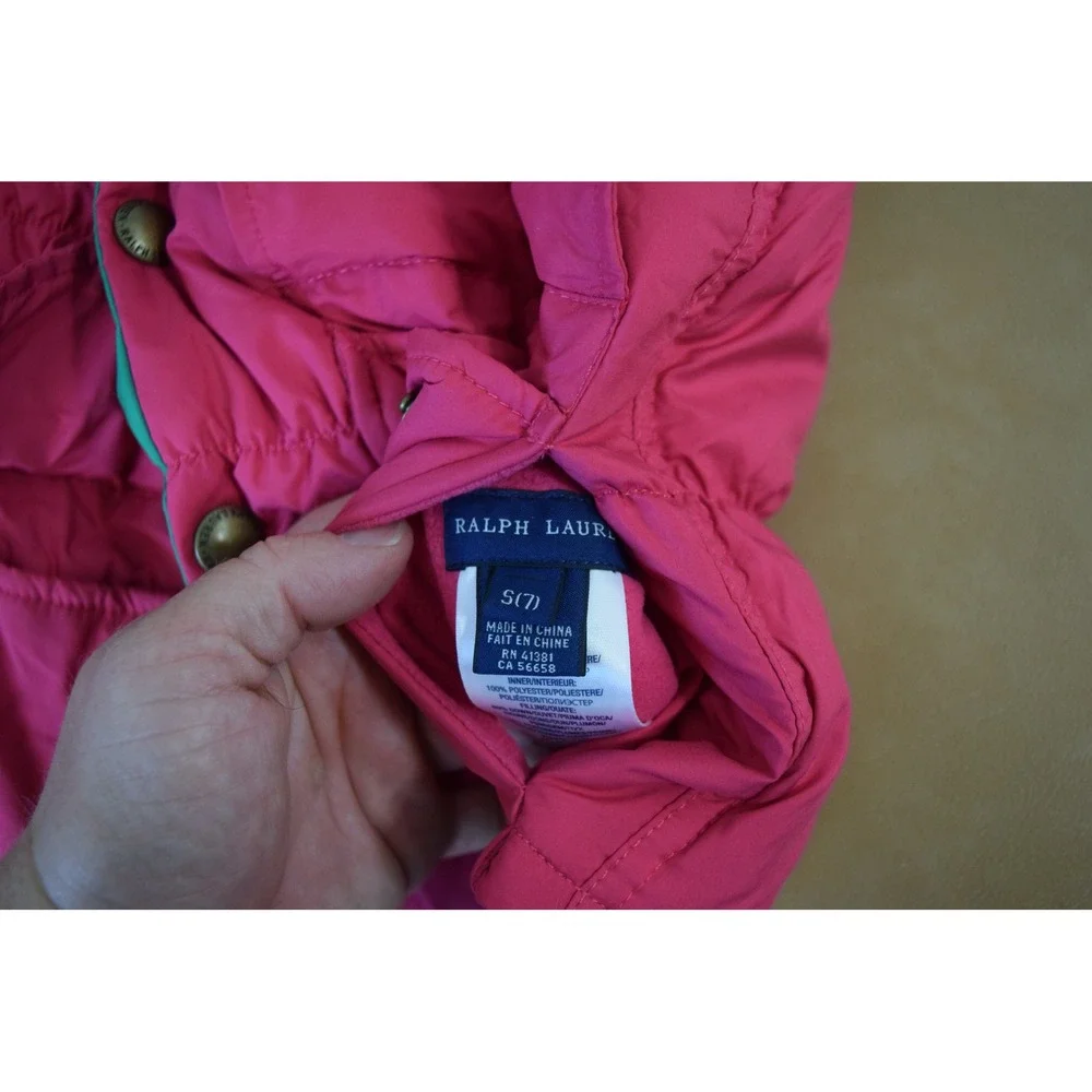 Ralph Lauren Reversible Puffer Vest Size S 7 Pink Green Down Crest Girls Kids